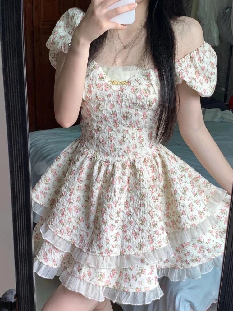 Queensays Flower Print Kawaii Sweet Dress Women Hollow Out French Vintage Mini Dress Female Butterfly-knot Korean Designer Dress New