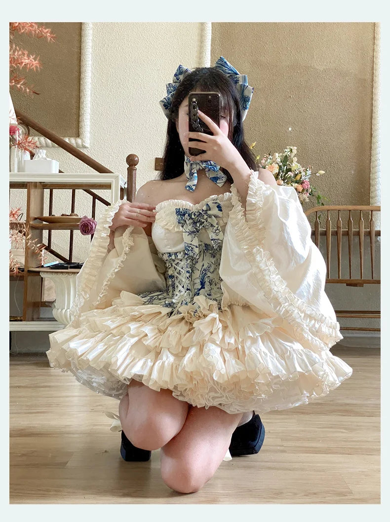 Queensays New Original Japanese Harajuku Cool Girl Fashion White Blue Dress Female Lolita Temperament Slim Sweet Kawaii Dress