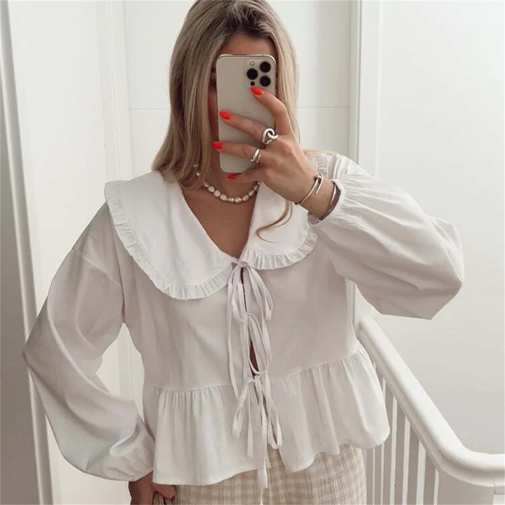 Queensays  2024 Spring New Women's Fashionable and Casual Versatile Doll Face Short Lace up Shirt Top