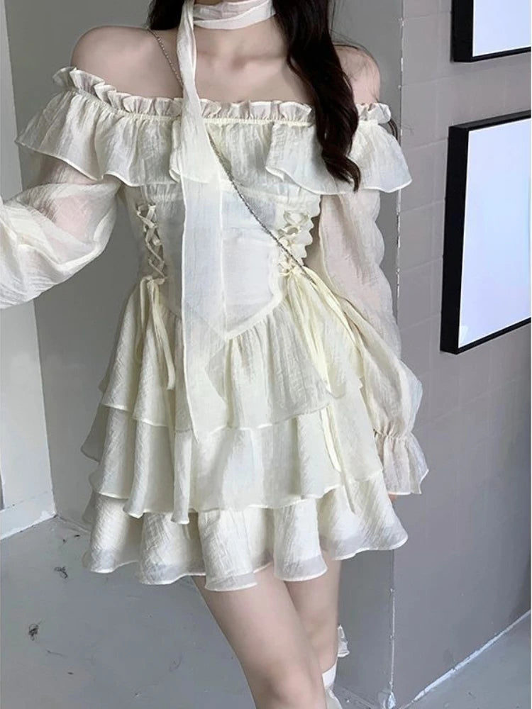 Queensays Long Sleeve Elegant Mini Dress Lolita Pure Color Short Party Dress Woman Casual