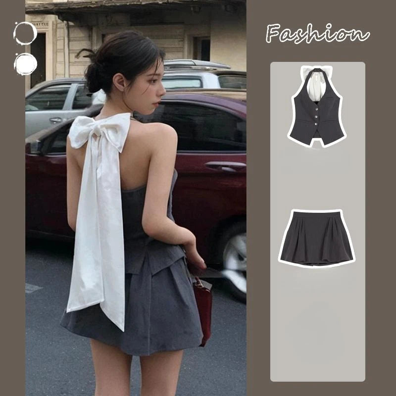 French Elegant 2 Piece Skirt Set Women Sexy Backless Sleeveless Y2k Crop Top Vest Casual Slim Pleated Crop Skirt Summer 2024