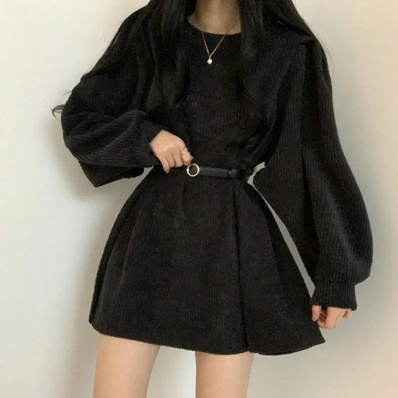 Queensays  -  Autumn Corduroy Sashes Dresses Women Korean Preppy Puff Sleeves Casual A Line Mini Dress Harajuku Elegant All Match Solid Dress