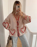 Queensays Vintage Women Loose Heart Pockets Shirts 2024 Fashion Ladies Casual V Neck Bow Buttons Blouses for Female Chic Tops Clothes