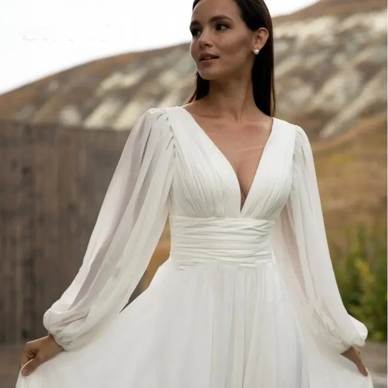 Queensays Wedding Dress Women 2024 A-Line White Chiffon Long Puff Sleeve Backless Pleat Bridal Gown  Customize To Measures 2024 Bride Gown