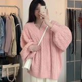 Queensays Autumn Winter Women Sweater Harajuku Oversized Knitted Pullovers Korean Long Sleeve V Neck Knitwear Preppy Solid Loose Jumper