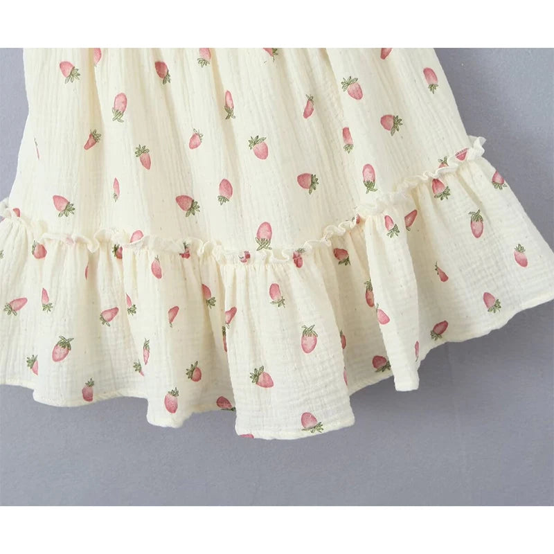 Queensays  Romantic Women Strawberry Print Sling Mini Dress Lace Up Bandage Back Female Summer Holiday Dress Sexy Short Robe