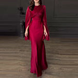 Queensays  -  Women Fashion O-neck Hight Waist Long Dress Sexy Split Long Sleeve Solid Party Dress Elegant Mesh Patchwork Satin Evening Dress