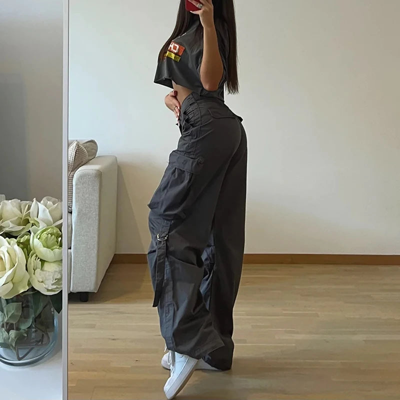 Queensays Cargos Style Parachute Pants Low Waist Women Joggers Harajuku Pockets Baggy Wide Leg Trousers y2k Streetwear Casual