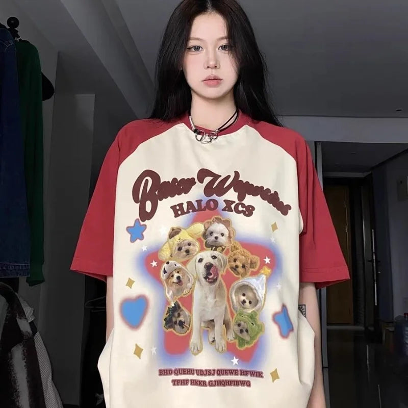 Queensays Star Dog Printed Contrast Color Short Sleeve Tee Shirt Harajuku Streetwear Casual Oversized Tshirt 2024 Summer All-match Y2k Top