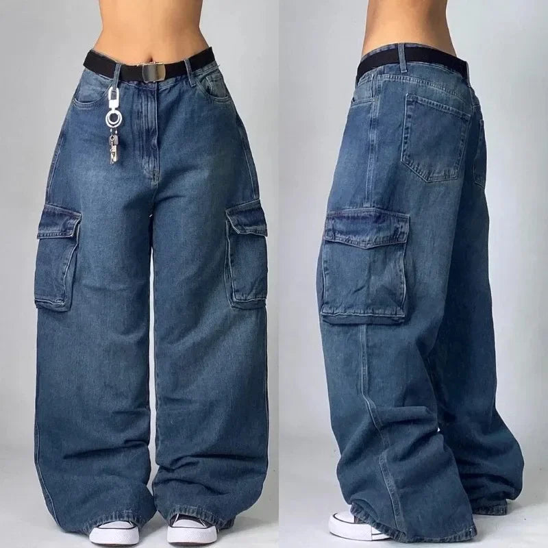 Queensays Y2K Baggy Jeans Womens New Multi-pocket Washed Vintage Jeans Harajuku Oversized Denim Pants High Waist Wide Leg Pants Trousers