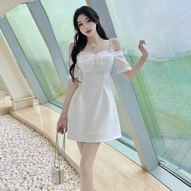 Queensays  -  Bow Sexy Slash Neck Dress Women Summer Korean Elegant White Mini Dress Fashion All Match Party Night Camis Vestidos