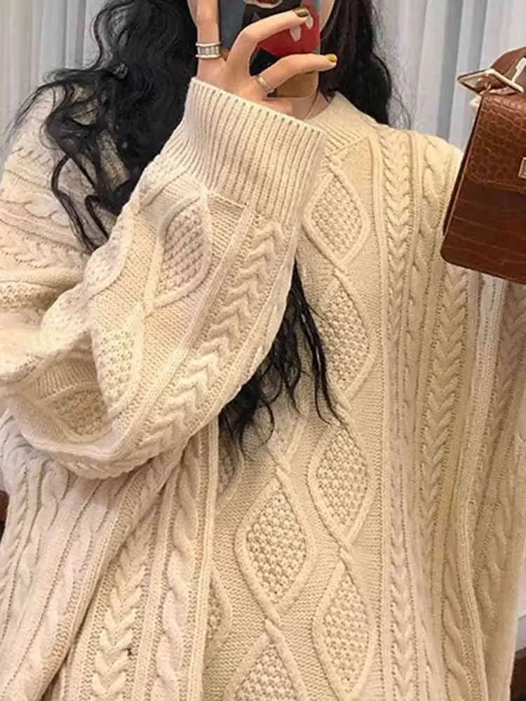 Queensays Women Chunky Cable Knit Sweater Pink Ivory Crew Neck Oversized Jumper Pullovers Autumn Winter Outfit