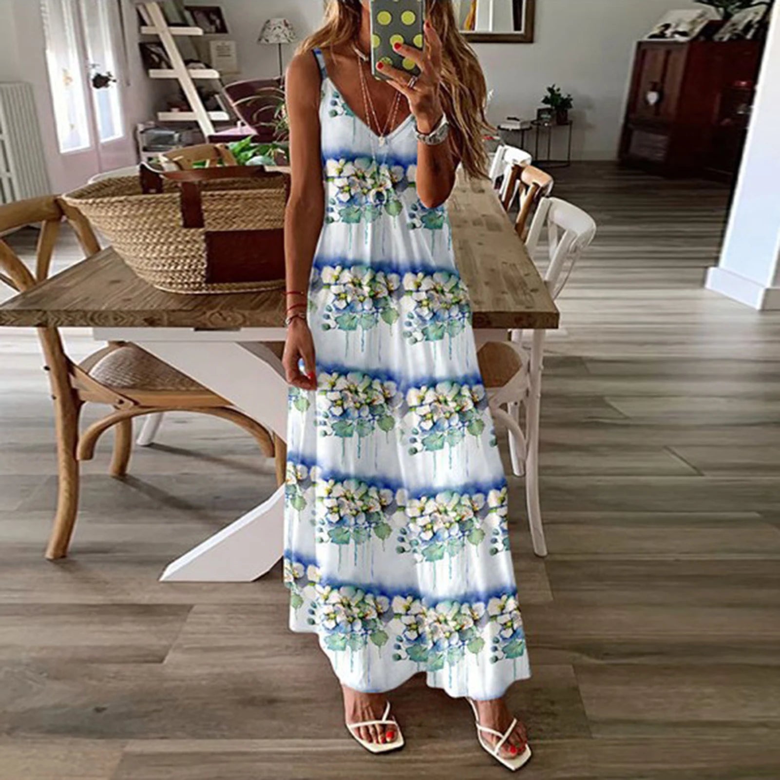 Queensays Women Boho Vintage Maxi Dress Loose Flora Print Deep V Neck High Waist Dresses Spaghetti Strap Summer Retro Vestidos Clothes