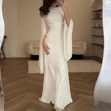 Queensays  -  Elegant Batwing Sleeves High Waist Pleats Long Dress Fashion Satin Solid Robe Dress Ladies Temperament O-neck Slim Evening Dress