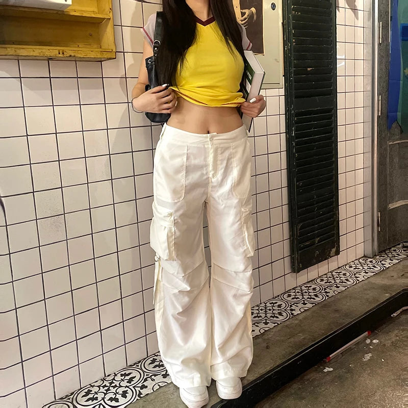 Queensays Cargos Style Parachute Pants Low Waist Women Joggers Harajuku Pockets Baggy Wide Leg Trousers y2k Streetwear Casual