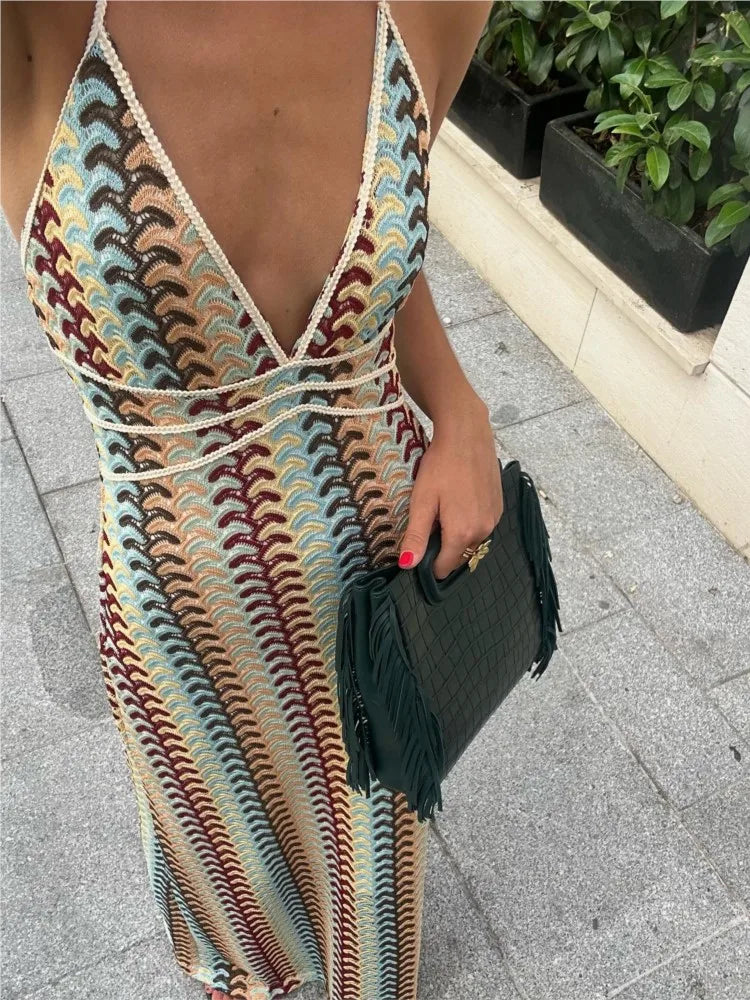 Queensays Fashion Colorful Patchwork Women Halter Maxi Dress Sexy Deep V-neck Backless Bodycon Dresses Summer Lady Beach Vacation Robes