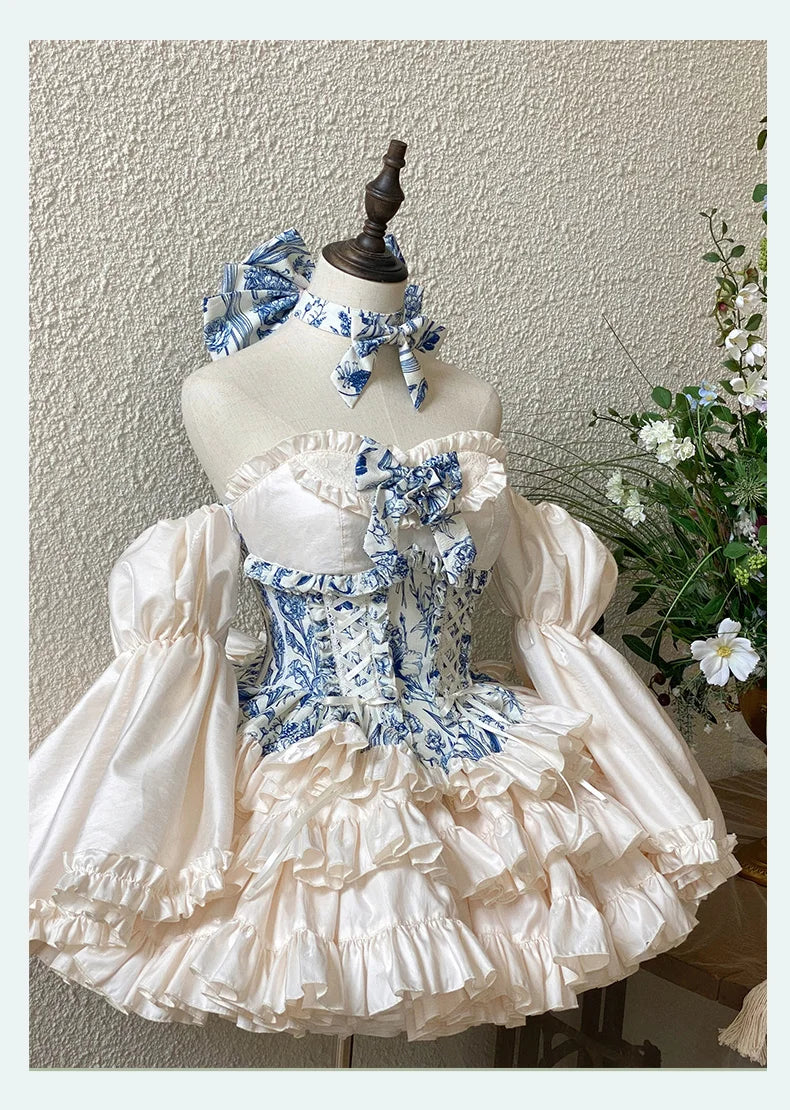 Queensays New Original Japanese Harajuku Cool Girl Fashion White Blue Dress Female Lolita Temperament Slim Sweet Kawaii Dress