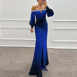 Queensays  -  Women Elegant Contrasting Color Party Dress Fashion High Waist Long Sleeve Evening Dress Sexy Off Shoulder Spit Pleat Long Dress