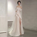 Off-The-Shoulder Satin High Split Twist Front Train Dresses For Wedding pin page