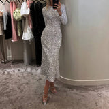 Queensays  -  Fashion Party Slim Sequin Maxi Dress Women O-neck High Waisted Velvet Dress New Spring Elegant Long Sleeved Evening Dresses