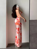 Queensays European Sexy Hot Girl Style Loose Orange Tie Dye Suspender Ankle Dress Cross Strap Fashion Slash Neck Women's