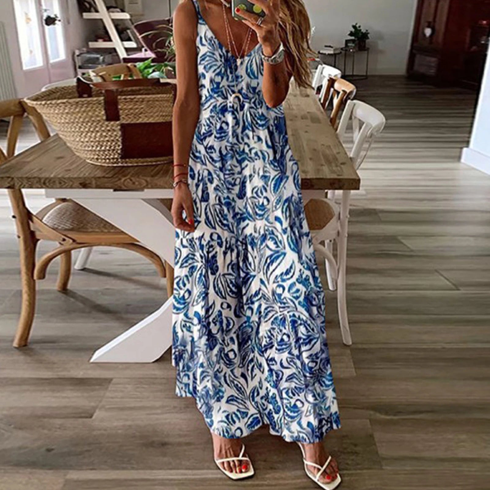 Queensays Women Boho Vintage Maxi Dress Loose Flora Print Deep V Neck High Waist Dresses Spaghetti Strap Summer Retro Vestidos Clothes