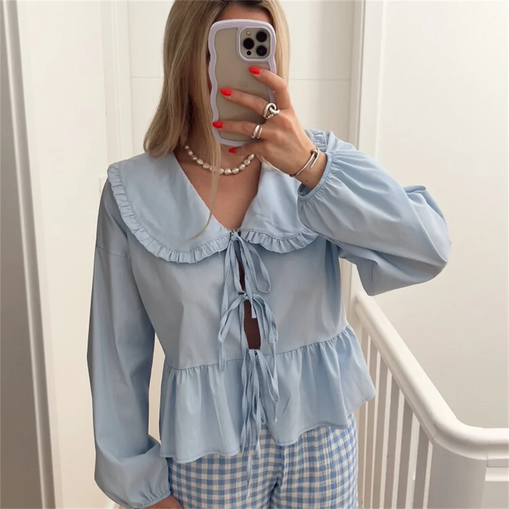 Queensays  2024 Spring New Women's Fashionable and Casual Versatile Doll Face Short Lace up Shirt Top