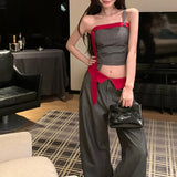 Queensays  -  Summer New Streetwear Contrast Color Patchwork Sexy Camisole Women + Loose Casual Striped Wide Leg Pants Two-piece Suit