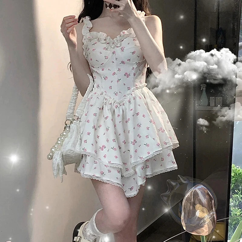 Queensays Floral Dress for Women Sleeveless Korean Fashion Party Dresses Slim Print Sling Fluffy Skirt 2024 New Spring Summer Dress