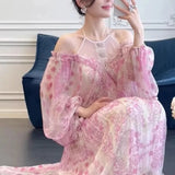 Queensays  -  Overseas Heiress Floral French Pure Desire Mesh Splicing Neck Hanging Spring Temperament Gentle and Super Fairy Vacation Dress