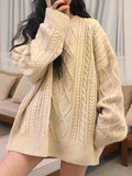 Queensays Women Chunky Cable Knit Sweater Pink Ivory Crew Neck Oversized Jumper Pullovers Autumn Winter Outfit