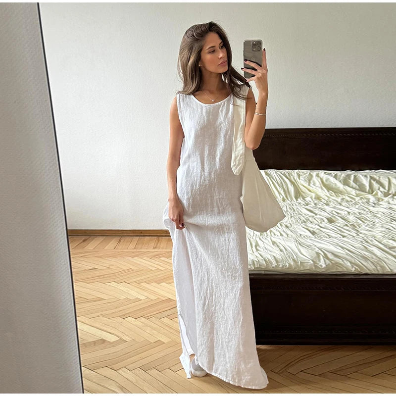 Queensays Women Casual Solid Loose Cotton Linen Maxi Dress Elegant O-neck Sleeveless Split Dresses 2024 Summer Female Street Robes