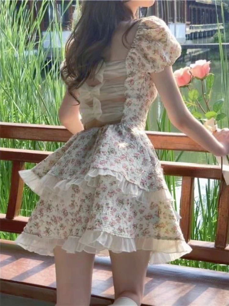 Queensays Flower Print Kawaii Sweet Dress Women Hollow Out French Vintage Mini Dress Female Butterfly-knot Korean Designer Dress New