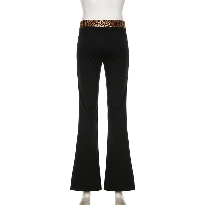 Queensays Leopard Splice Elastic Waist Flare Leg Pants