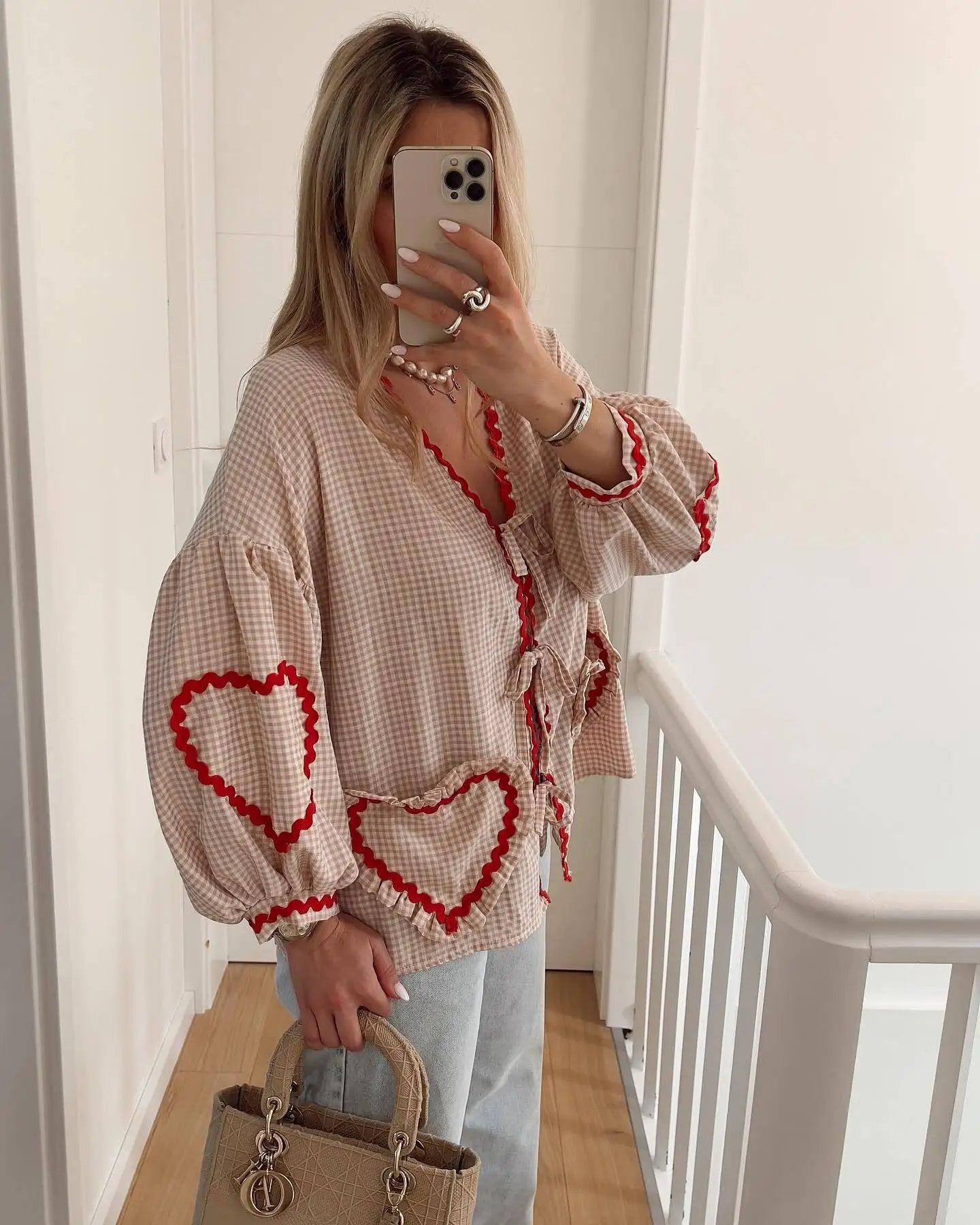 Queensays Vintage Women Loose Heart Pockets Shirts 2024 Fashion Ladies Casual V Neck Bow Buttons Blouses for Female Chic Tops Clothes