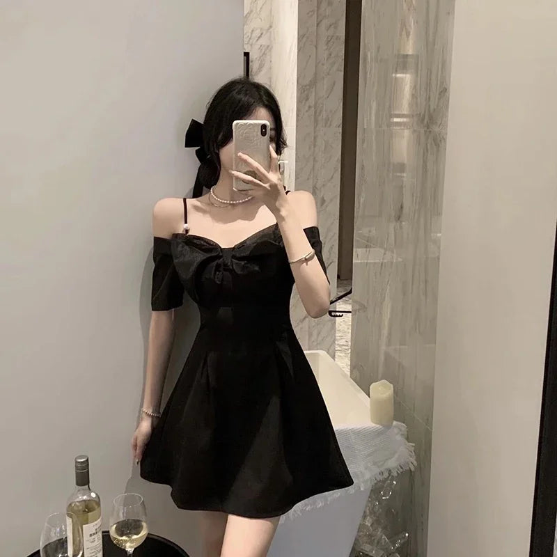 Queensays  -  Bow Sexy Slash Neck Dress Women Summer Korean Elegant White Mini Dress Fashion All Match Party Night Camis Vestidos