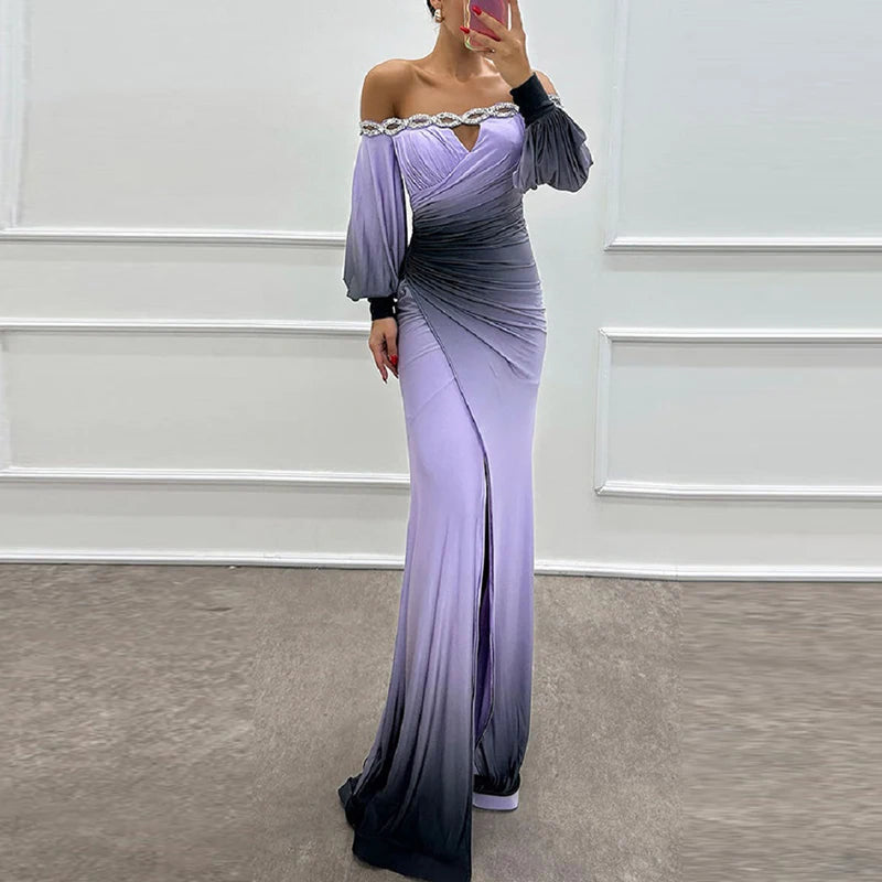 Queensays  -  Women Elegant Contrasting Color Party Dress Fashion High Waist Long Sleeve Evening Dress Sexy Off Shoulder Spit Pleat Long Dress