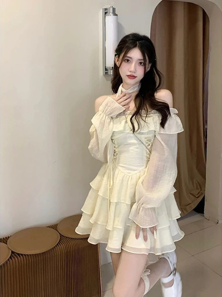 Queensays Long Sleeve Elegant Mini Dress Lolita Pure Color Short Party Dress Woman Casual