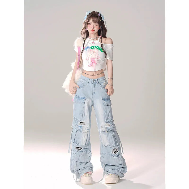 Queensays Women Blue Pocket Baggy Cargo Jeans Harajuku Streetwear 90s Y2k Oversize Denim Trousers Vintage 2000s Style Trashy Jean Pants