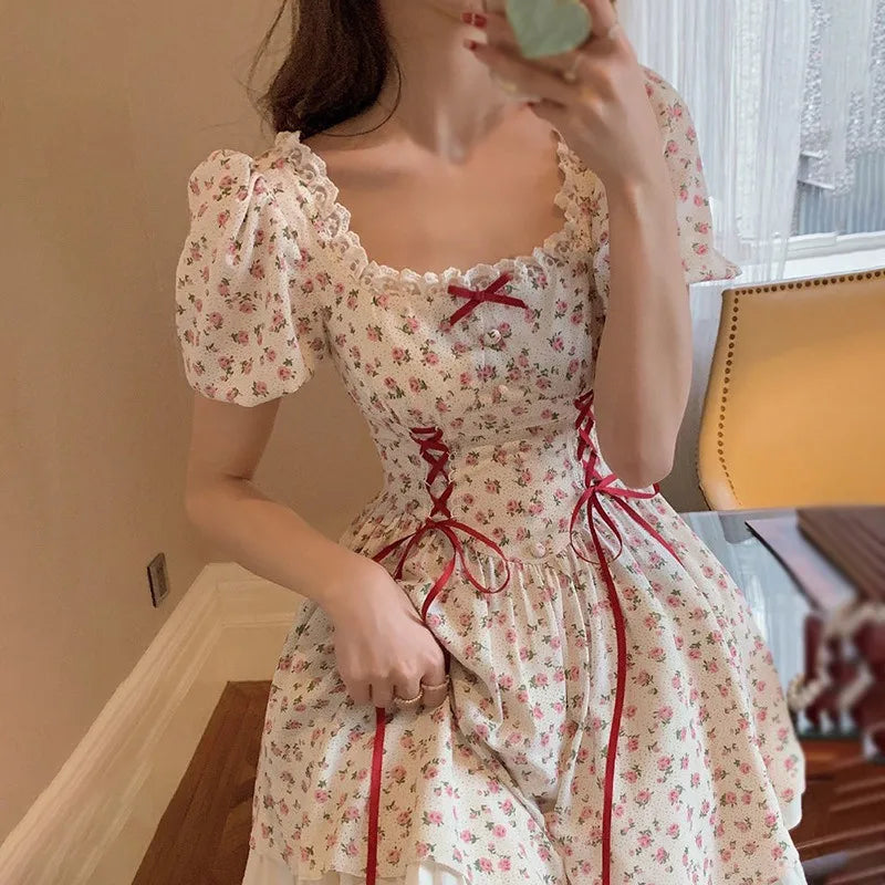 Queensays Summer Floral Printing Women's Puff Sleeve Cute Bow Tie Lace Ruffle Dress Sweety's Short Princess Dress Soft Cotton Breathable