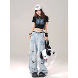 Queensays Women Blue Pocket Baggy Cargo Jeans Harajuku Streetwear 90s Y2k Oversize Denim Trousers Vintage 2000s Style Trashy Jean Pants