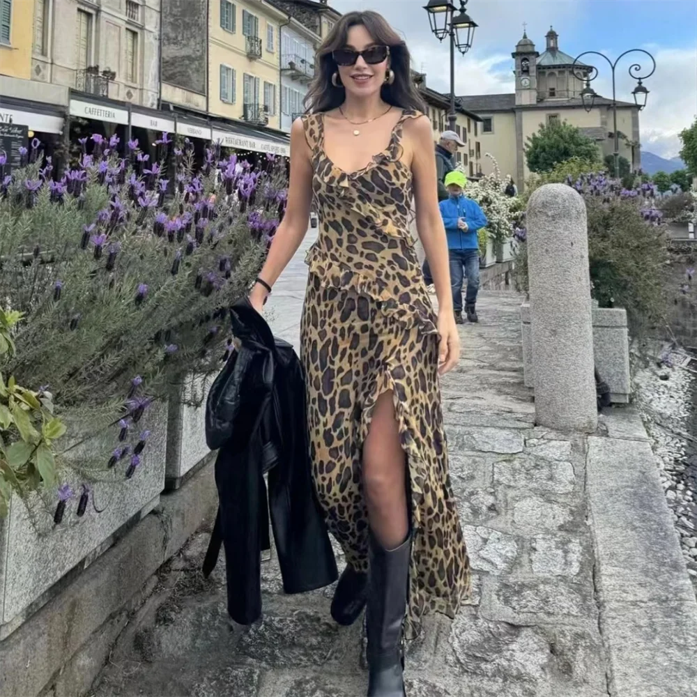 Queensays 2024 Spring New Women's Fashion and Elegance Slim Fit Versatile Leopard Print Layered Decorative Dress