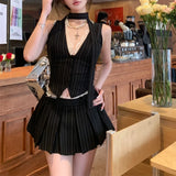 Queensays  -  Summer New Streetwear V-neck Lace Patchwork Striped Casual Camisole Women + High Waist Pleated A-line Skirt Two Pieces Suit