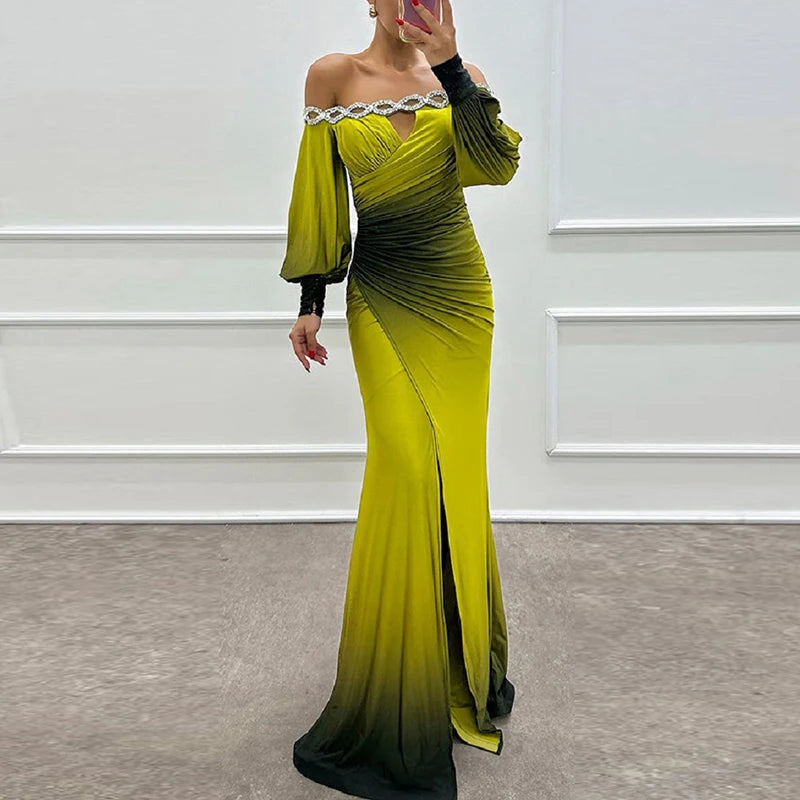 Queensays  -  Women Elegant Contrasting Color Party Dress Fashion High Waist Long Sleeve Evening Dress Sexy Off Shoulder Spit Pleat Long Dress