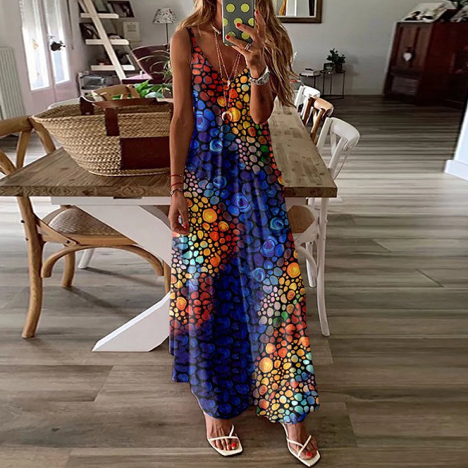 Queensays Women Boho Vintage Maxi Dress Loose Flora Print Deep V Neck High Waist Dresses Spaghetti Strap Summer Retro Vestidos Clothes