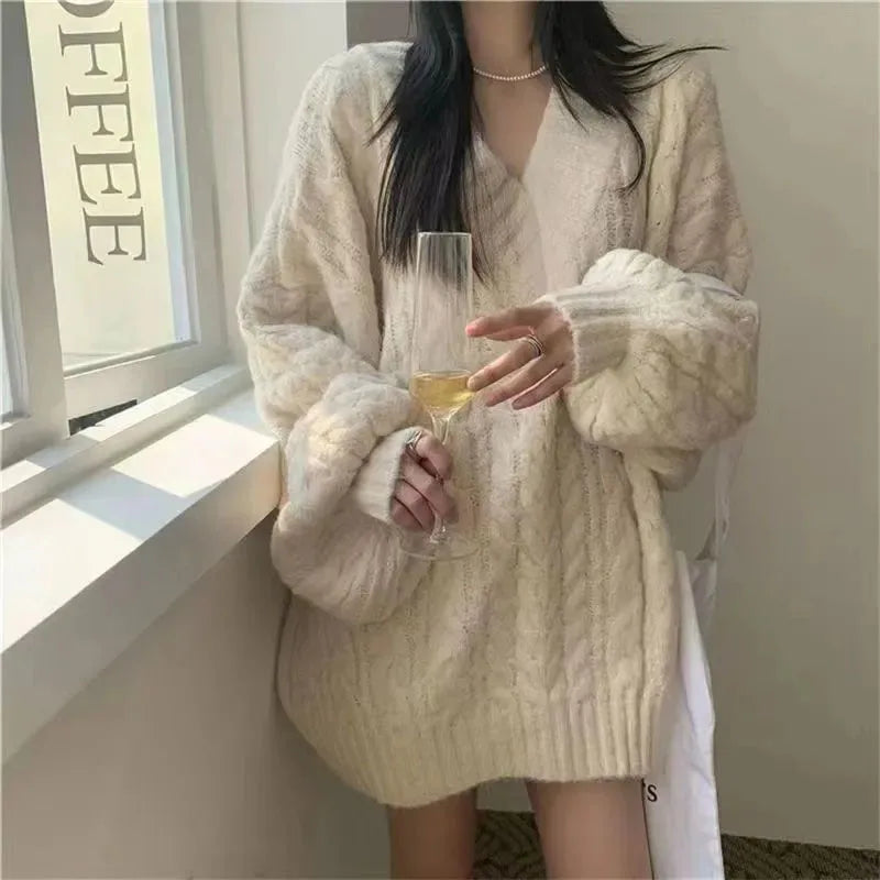 Queensays Autumn Winter Women Sweater Harajuku Oversized Knitted Pullovers Korean Long Sleeve V Neck Knitwear Preppy Solid Loose Jumper