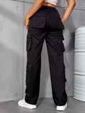 Queensays Stylish Casual Solid Flap Pocket Multi-Pocket Cargo Pants