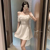 Queensays  -  Bow Sexy Slash Neck Dress Women Summer Korean Elegant White Mini Dress Fashion All Match Party Night Camis Vestidos