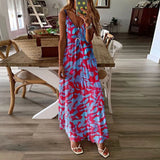 Queensays Women Boho Vintage Maxi Dress Loose Flora Print Deep V Neck High Waist Dresses Spaghetti Strap Summer Retro Vestidos Clothes