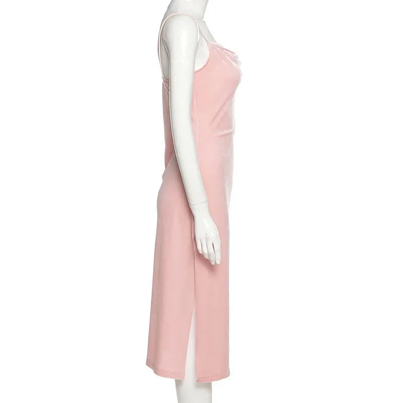 Queensays 2024 Summer Cool Light Intellectual And Elegant Pink Sweet Mature Feminine Supple And Draped Women'S Sling Slit Dress